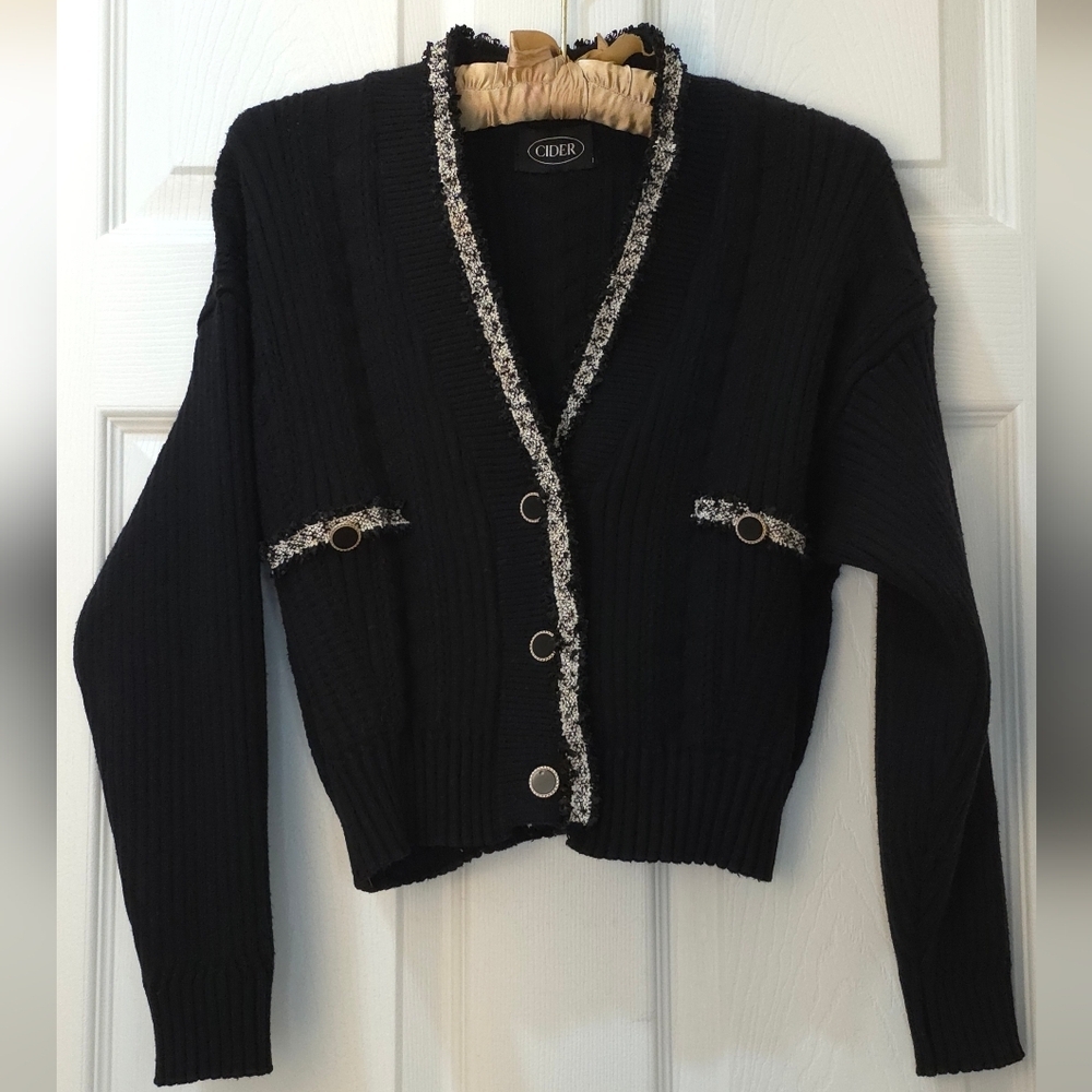 Cider Black Preppy Cable Knit Cardigan w/ Golden Trim & Buttons Size M - Picture 2 of 7